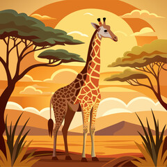 Majestic giraffe stands tall under the golden African sun, evoking the spirit of safari and wildlife conservation in a stylized scene.