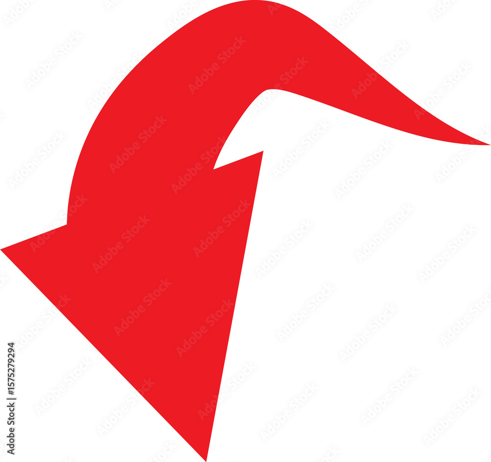 Poster bold red arrow pointing downward and to the left with a curved shape