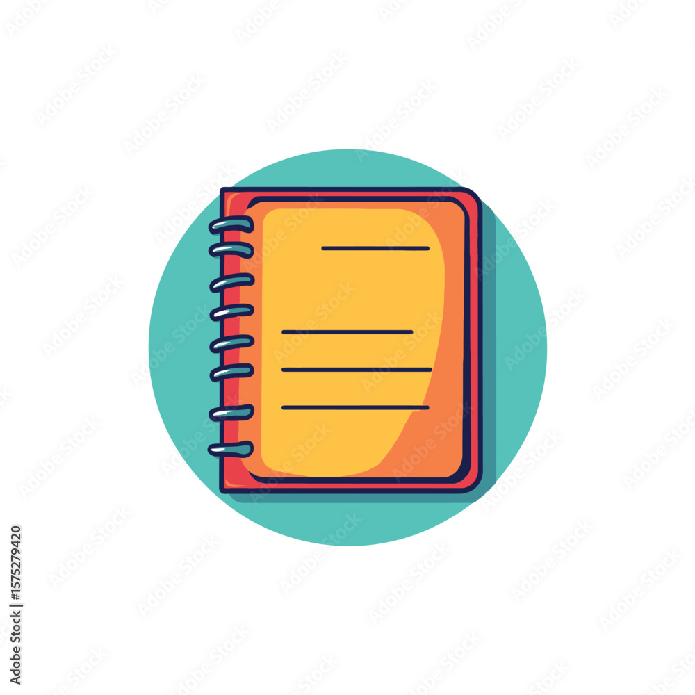 Poster cartoon orange notepad with horizontal lines and spiral binding against a teal circle