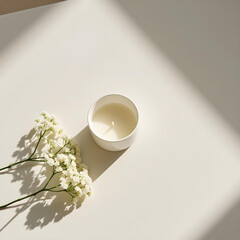 white candle in minimalist style home setting. Clean and aesthetic, self care, balanced wellness vibe. Calm, chill, relaxing, zen vibe with flower and sunlight. self care, meditation, lifestyle.