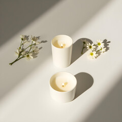 white candle in minimalist style home setting. Clean and aesthetic, self care, balanced wellness vibe. Calm, chill, relaxing, zen vibe with flower and sunlight. self care, meditation, lifestyle.