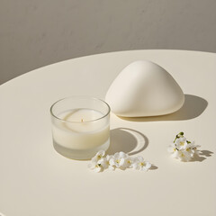 white candle in minimalist style home setting. Clean and aesthetic, self care, balanced wellness vibe. Calm, chill, relaxing, zen vibe with flower and sunlight. self care, meditation, lifestyle.