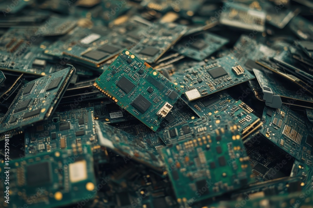 Poster computer circuit boards in a chaotic pile captured from a dynamic angle, computer circuit boards pil
