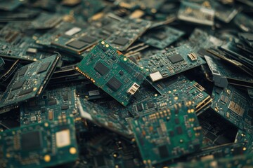 Computer circuit boards in a chaotic pile captured from a dynamic angle, Computer Circuit Boards Pile Moving Shot