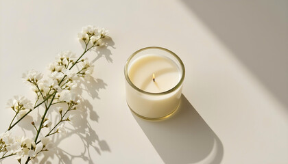white candle in minimalist style home setting. Clean and aesthetic, self care, balanced wellness vibe. Calm, chill, relaxing, zen vibe with flower and sunlight. self care, meditation, lifestyle.