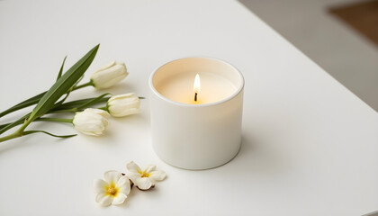 white candle in minimalist style home setting. Clean and aesthetic, self care, balanced wellness vibe. Calm, chill, relaxing, zen vibe with flower and sunlight. self care, meditation, lifestyle.