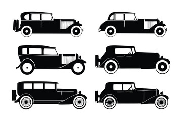 Classic Cars Lineup: A striking vector illustration showcases a lineup of six vintage cars, each meticulously designed with iconic art deco elements.