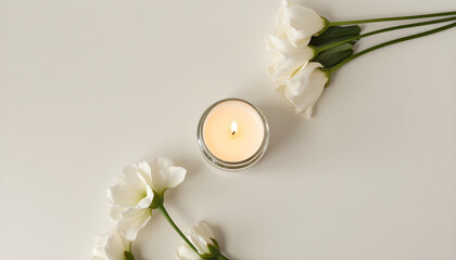 white candle in minimalist style home setting. Clean and aesthetic, self care, balanced wellness vibe. Calm, chill, relaxing, zen vibe with flower and sunlight. self care, meditation, lifestyle.