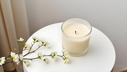 white candle in minimalist style home setting. Clean and aesthetic, self care, balanced wellness vibe. Calm, chill, relaxing, zen vibe with flower and sunlight. self care, meditation, lifestyle.