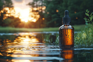 Essential Oil by the Lake: Amber glass bottle of essential oil stands by a tranquil lake at sunset, reflecting the golden hour light. 