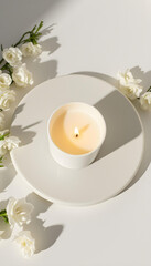 white candle in minimalist style home setting. Clean and aesthetic, self care, balanced wellness vibe. Calm, chill, relaxing, zen vibe with flower and sunlight. self care, meditation, lifestyle.