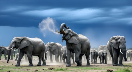 Obraz premium Gray Elephant Herd Walking Across Dusty Plain with Stormy Sky
