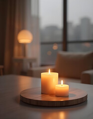 white candle in minimalist style home setting. Clean and aesthetic, self care, balanced wellness vibe. Calm, chill, relaxing, zen vibe with flower and sunlight. self care, meditation, lifestyle.