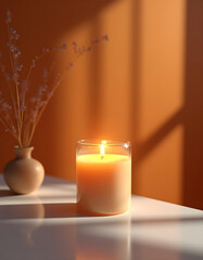 white candle in minimalist style home setting. Clean and aesthetic, self care, balanced wellness vibe. Calm, chill, relaxing, zen vibe with flower and sunlight. self care, meditation, lifestyle.