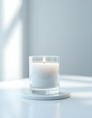white candle in minimalist style home setting. Clean and aesthetic, self care, balanced wellness vibe. Calm, chill, relaxing, zen vibe with flower and sunlight. self care, meditation, lifestyle.