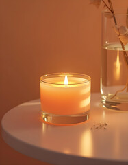 white candle in minimalist style home setting. Clean and aesthetic, self care, balanced wellness vibe. Calm, chill, relaxing, zen vibe with flower and sunlight. self care, meditation, lifestyle.