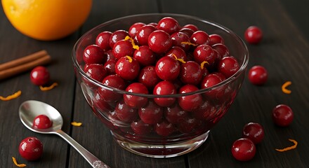 A vibrant, glistening cranberry sauce, homemade with whole cranberries, in a crystal serving bowl on a dark wooden table, with hints of orange zest. Sharp focus on the berries and their glossy texture