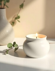 white candle in minimalist style home setting. Clean and aesthetic, self care, balanced wellness vibe. Calm, chill, relaxing, zen vibe with flower and sunlight. self care, meditation, lifestyle.