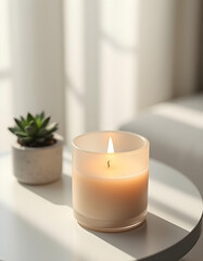 white candle in minimalist style home setting. Clean and aesthetic, self care, balanced wellness vibe. Calm, chill, relaxing, zen vibe with flower and sunlight. self care, meditation, lifestyle.