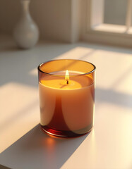 white candle in minimalist style home setting. Clean and aesthetic, self care, balanced wellness vibe. Calm, chill, relaxing, zen vibe with flower and sunlight. self care, meditation, lifestyle.