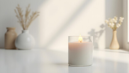 white candle in minimalist style home setting. Clean and aesthetic, self care, balanced wellness vibe. Calm, chill, relaxing, zen vibe with flower and sunlight. self care, meditation, lifestyle.