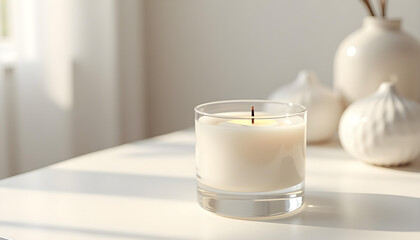 white candle in minimalist style home setting. Clean and aesthetic, self care, balanced wellness vibe. Calm, chill, relaxing, zen vibe with flower and sunlight. self care, meditation, lifestyle.
