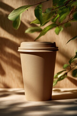 Simple Aesthetic, Coffee Cup in Minimalist Still Life with Leafy Shadows and Warm Lighting