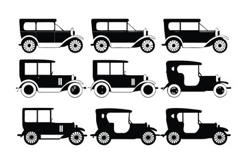 Vintage Car Collection: A set of nine classic car silhouettes, showcasing variations in design and style from the early automotive era.