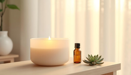 white candle in minimalist style home setting. Clean and aesthetic, self care, balanced wellness vibe. Calm, chill, relaxing, zen vibe with flower and sunlight. self care, meditation, lifestyle.