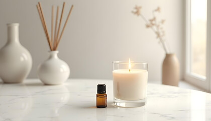 white candle in minimalist style home setting. Clean and aesthetic, self care, balanced wellness vibe. Calm, chill, relaxing, zen vibe with flower and sunlight. self care, meditation, lifestyle.
