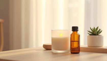 white candle in minimalist style home setting. Clean and aesthetic, self care, balanced wellness vibe. Calm, chill, relaxing, zen vibe with flower and sunlight. self care, meditation, lifestyle.