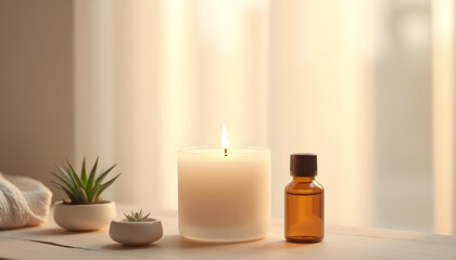 white candle in minimalist style home setting. Clean and aesthetic, self care, balanced wellness vibe. Calm, chill, relaxing, zen vibe with flower and sunlight. self care, meditation, lifestyle.