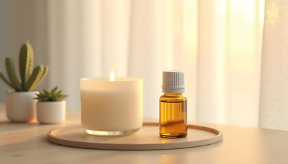 white candle in minimalist style home setting. Clean and aesthetic, self care, balanced wellness vibe. Calm, chill, relaxing, zen vibe with flower and sunlight. self care, meditation, lifestyle.