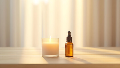 white candle in minimalist style home setting. Clean and aesthetic, self care, balanced wellness vibe. Calm, chill, relaxing, zen vibe with flower and sunlight. self care, meditation, lifestyle.