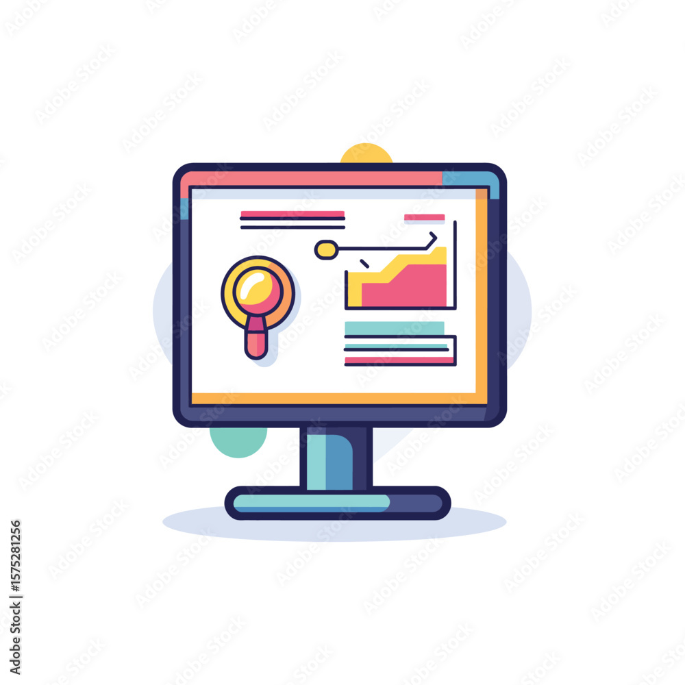 Poster computer screen displaying data analysis, magnifying glass with white background