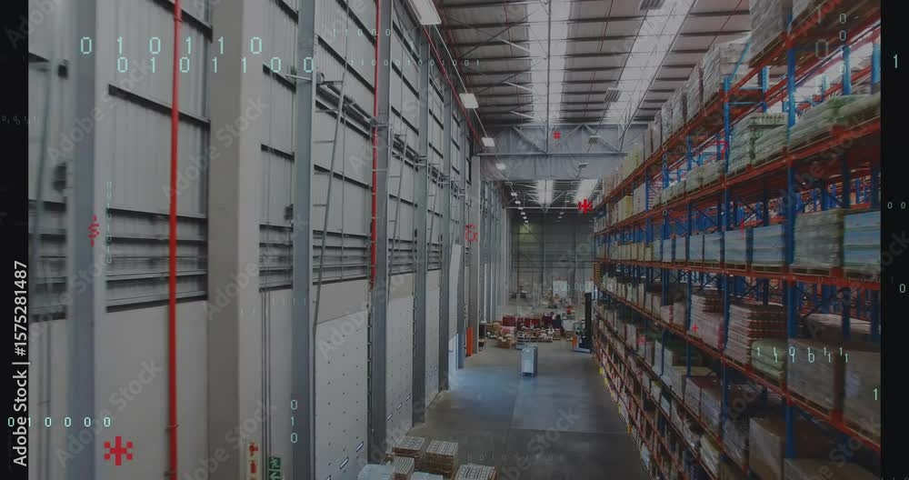 Poster autonomous pallet transporter moving down aisle starting digital overlay scanning data then fading