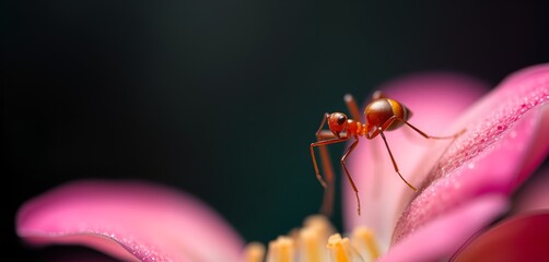 A vibrant macro captures a red ant exploring the delicate petals of a pink flower, close-up view.