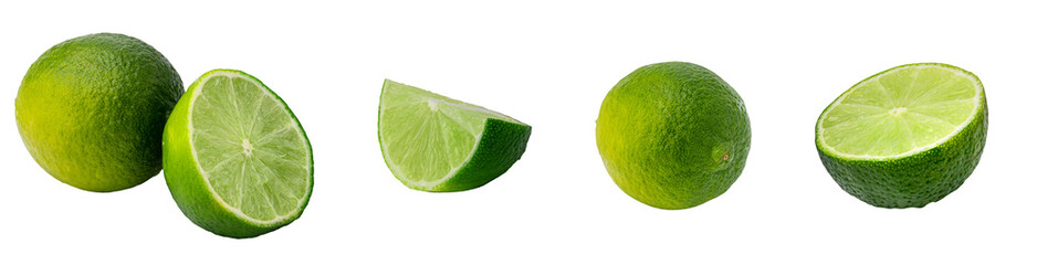 fresh limes, slices and halves on white background