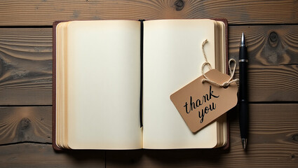 Blank Notebook with Pen and "Thank You" Label on Rustic Wooden Table