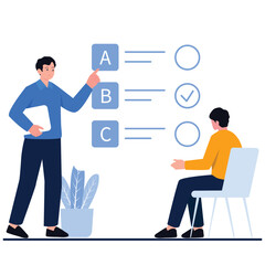 Employee Skills Performance Illustration. Vector illustration of A man helps another choose the right option from multiple choices in a learning or business setting. Isolated on background