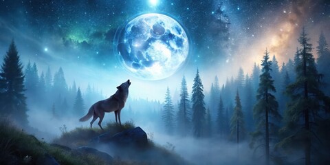 Wolf howling at a glowing full moon in a mystical forest, surrounded by tall trees and twinkling stars, with misty fog rolling in , glowing full moon, mystical forest