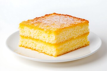Slice of layered yellow cake with powdered sugar on white plate on white background