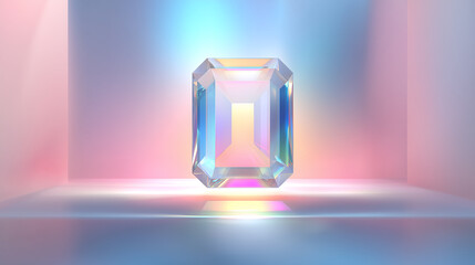 Transparent Emerald Cut Gemstone in A Holographic Iridescent Room with Reflections