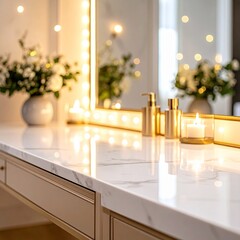 Elegant Vanity Table with Flowers, Candles, and Soft Lighting, Creating Calm Atmosphere