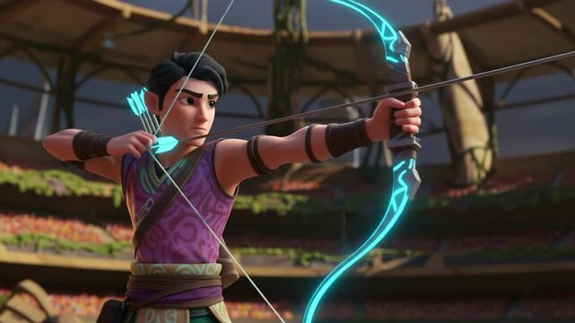 Animated Archer Aims Glowing Bow in Arena, Preparing to Shoot Arrows