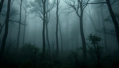 Misty forest scene evokes a sense of mystery with dense fog obscuring bare trees in dim light.