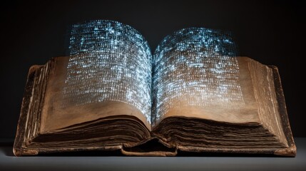 Open antique book with glowing text overlay