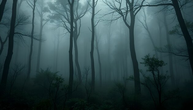 Misty forest scene evokes a sense of mystery with dense fog obscuring bare trees in dim light.