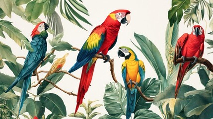 Vivid parrots amidst tropical foliage, painted in bright, bold colors on a white background