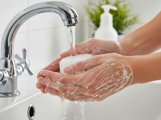 Hands Being Thoroughly Washed Under Running Water with Foam and Bubbles as Part of Daily Hygiene Routine